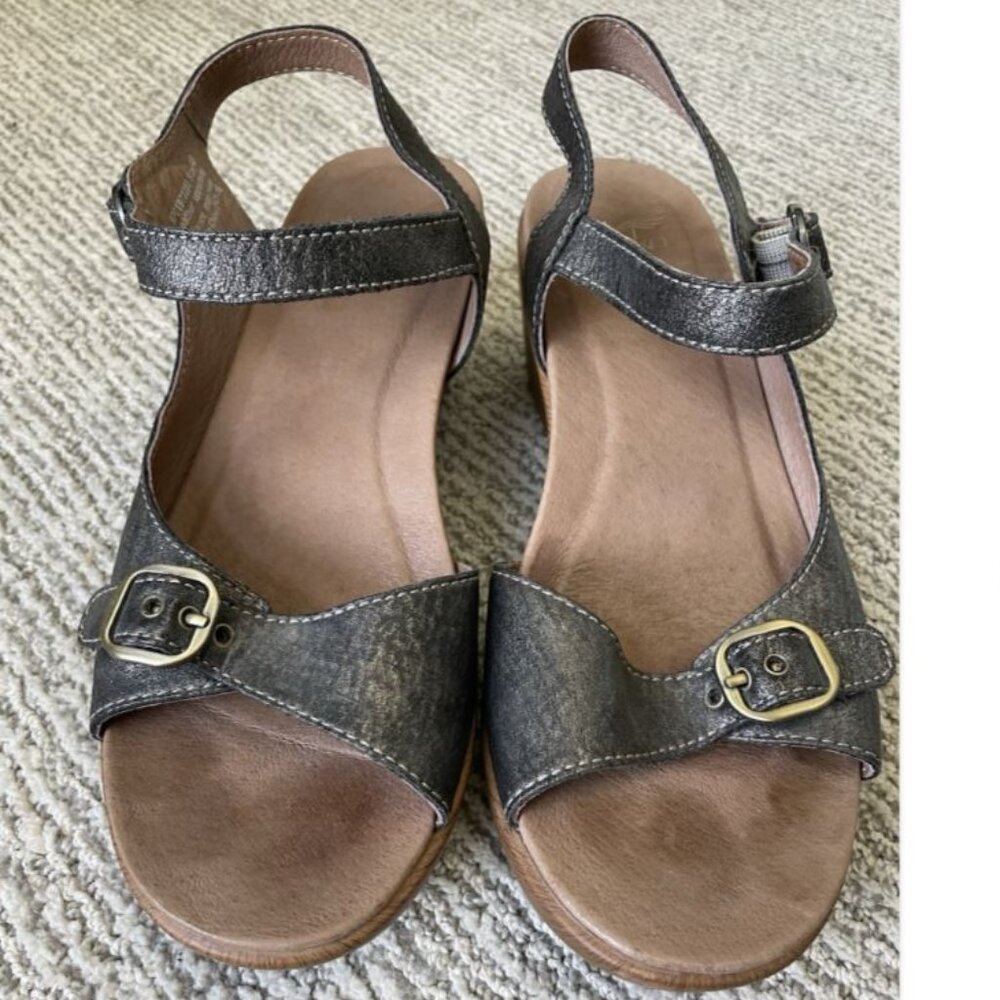 Dansko Joanie Leather Platform Wedge Ankle Strap Pewter Grey Shimmer Sz 40